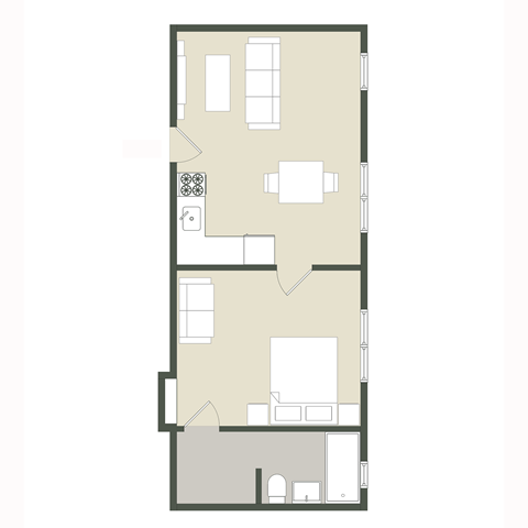 Floor plan for 1 bed, 1 bath, 569 sqft